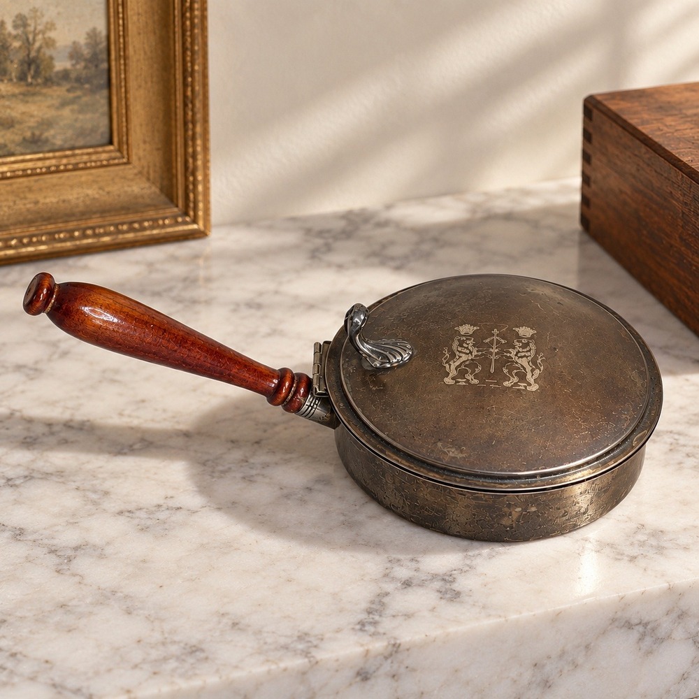 Vintage 50s Silent Butler Crumb Catcher Brass Gold Crested Wood Handle Rustic